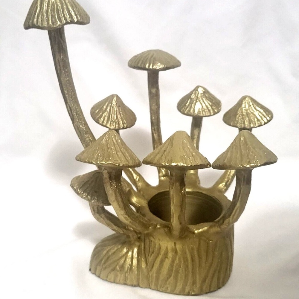 Brass Mushroom Sculpture Candle,Small Plant,Other Holder Gold Tone Hand Crafted